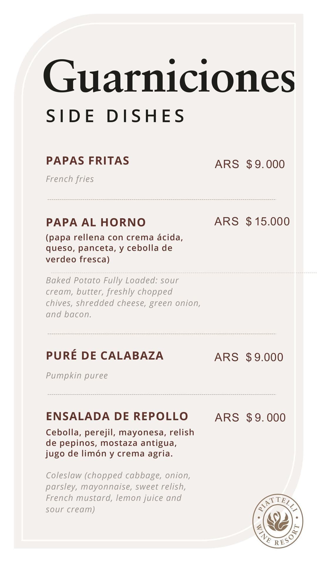 Página del menú